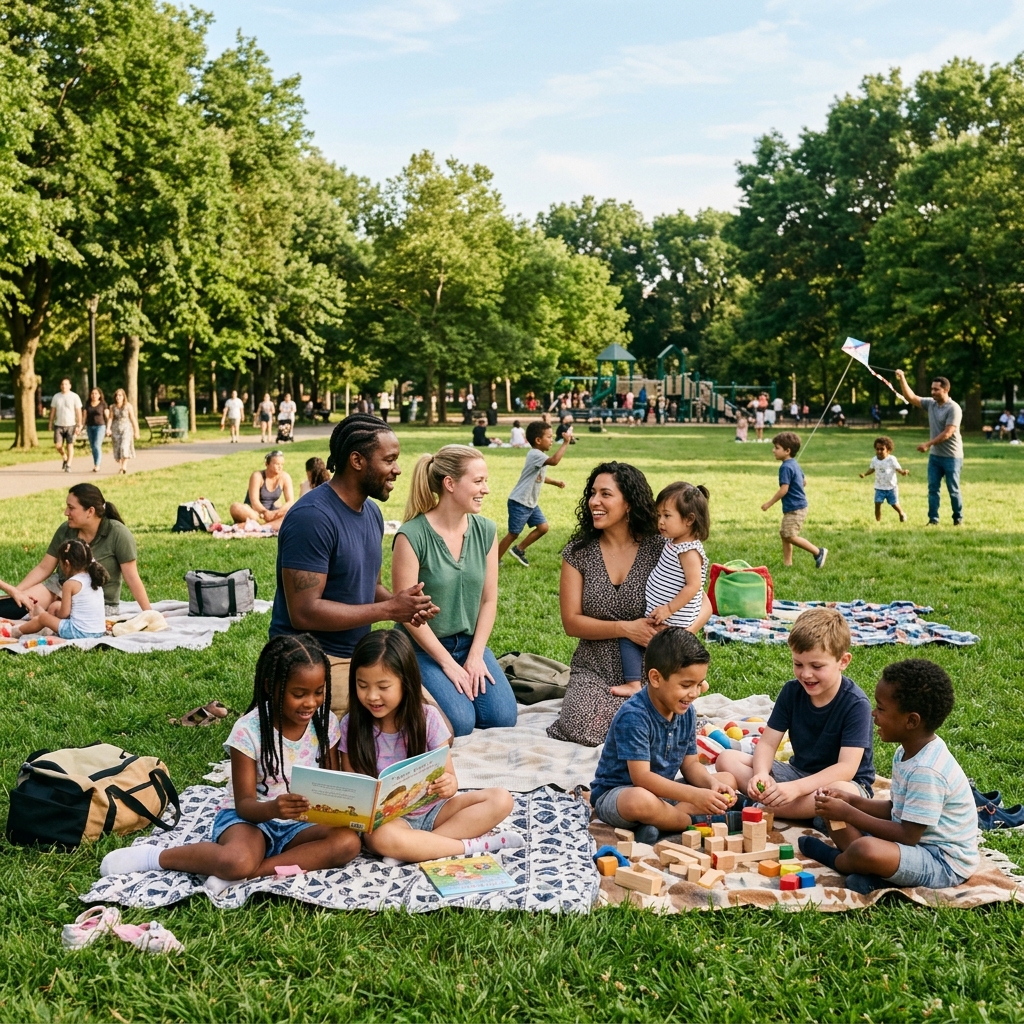 Diverse homeschool families meeting at a park