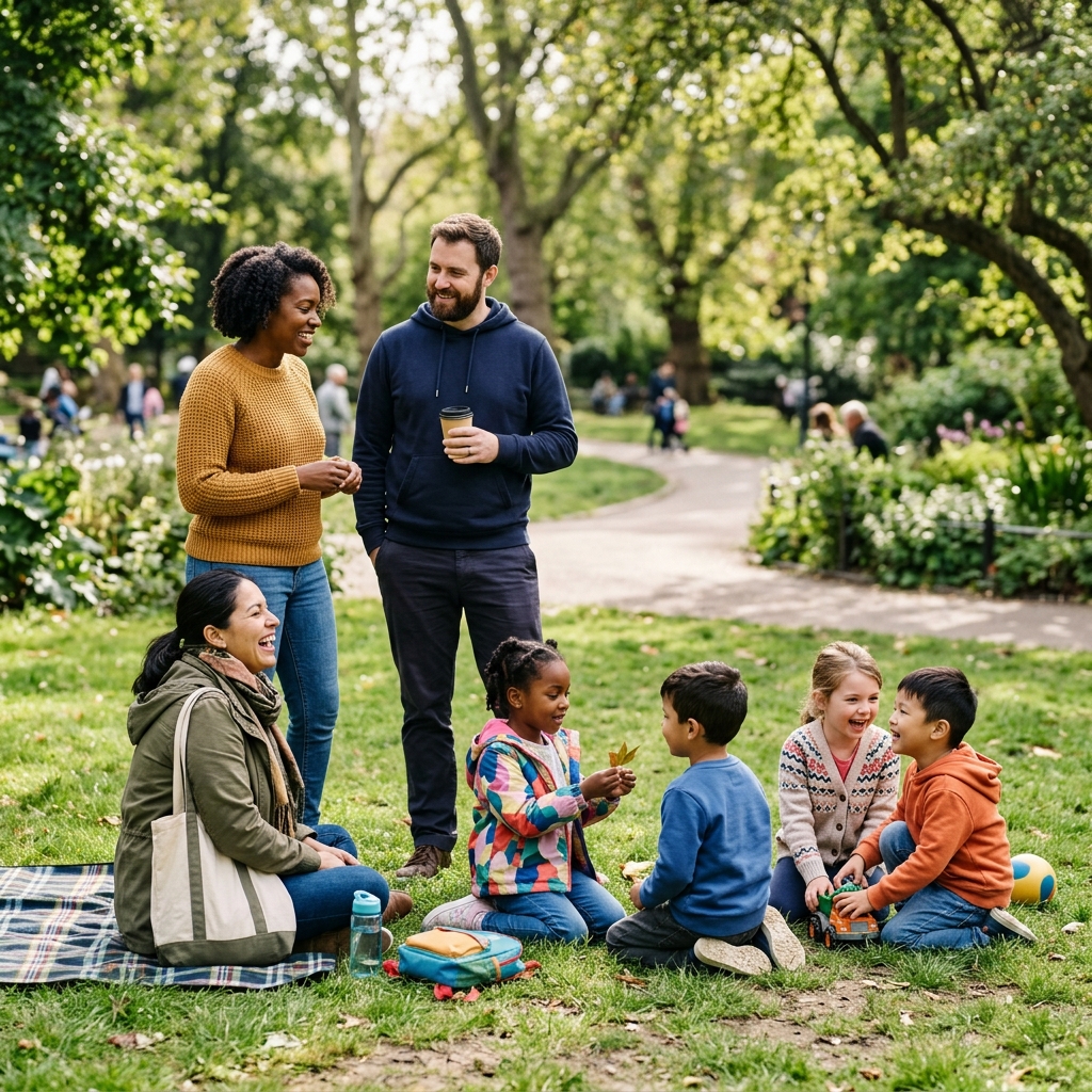 Families connecting in a park